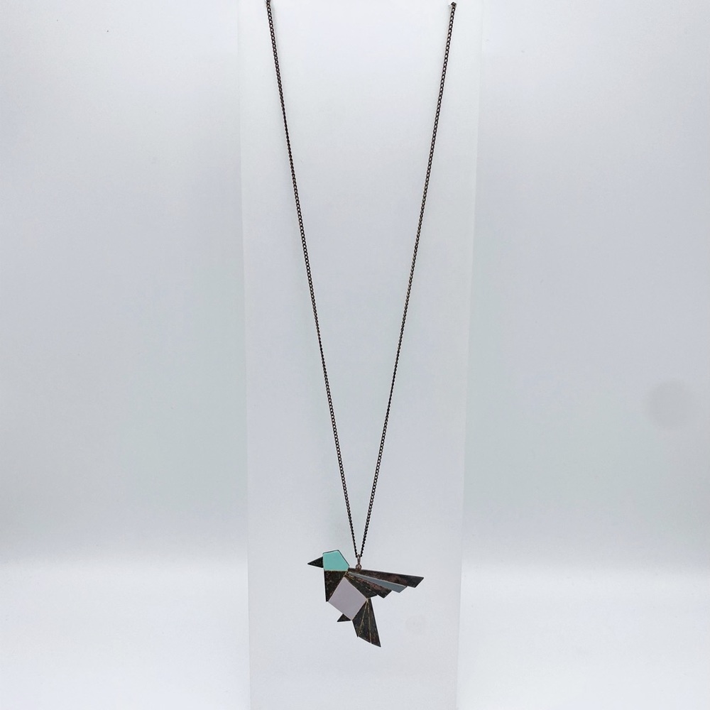 SHLOMIT OFIR Geometric Origami Bird Pendant with Turquoise Enamel & Silver Chain